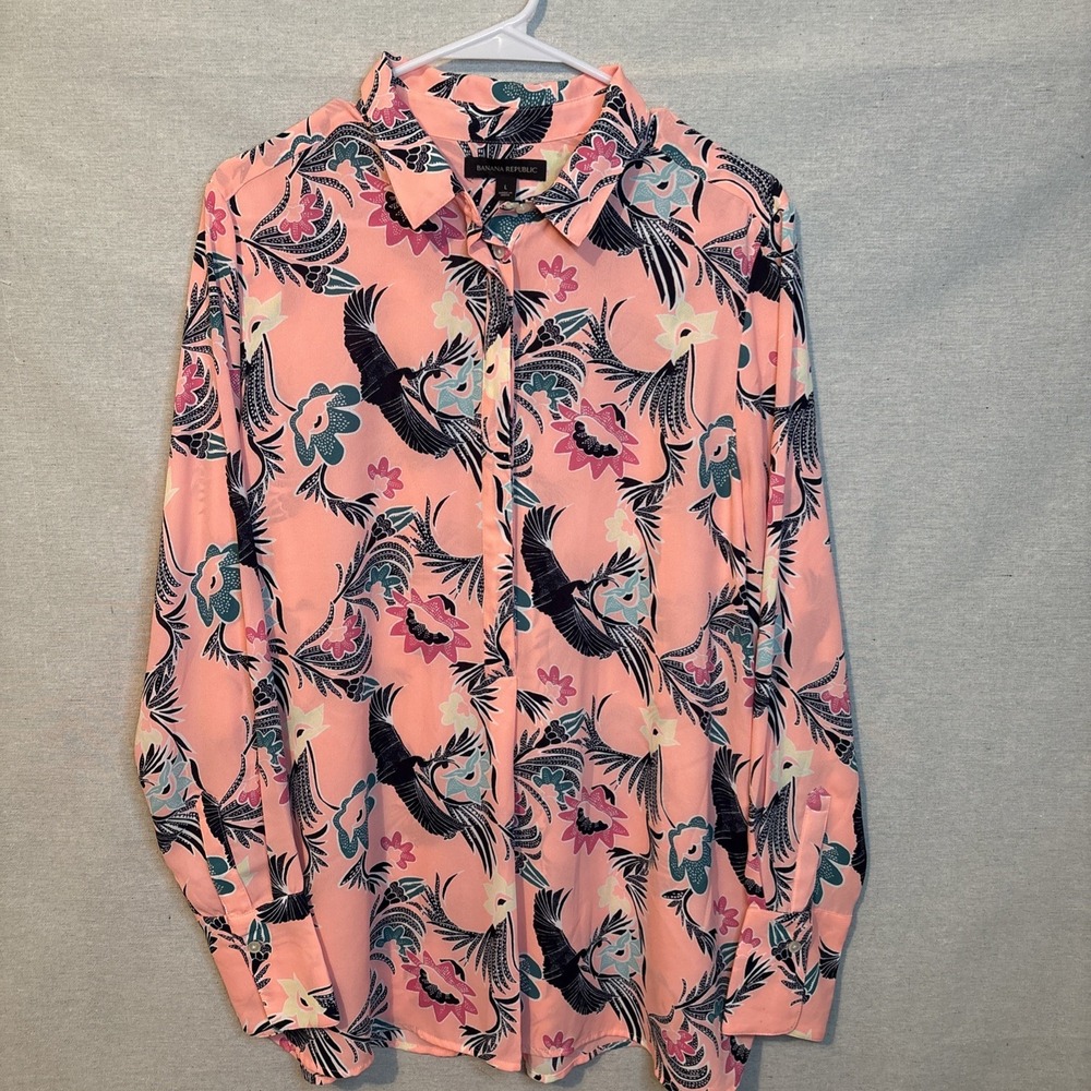 Banana Republic Womens Bright Pink Floral Blouse Large Tropical Lightweight Chic